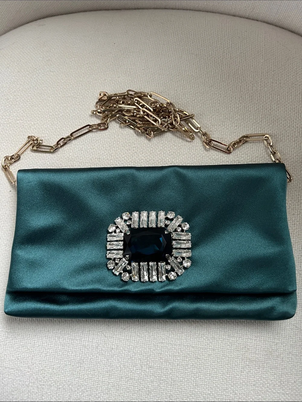 Jimmy Choo Teal Satin Crystal-Embellished Clutch